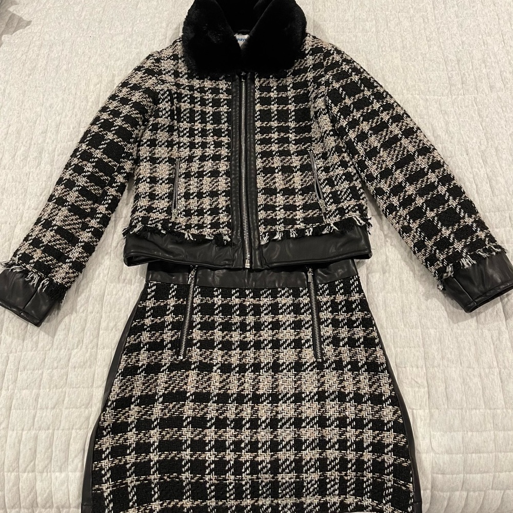Girls tweed and faux leather jacket and skirt outfit